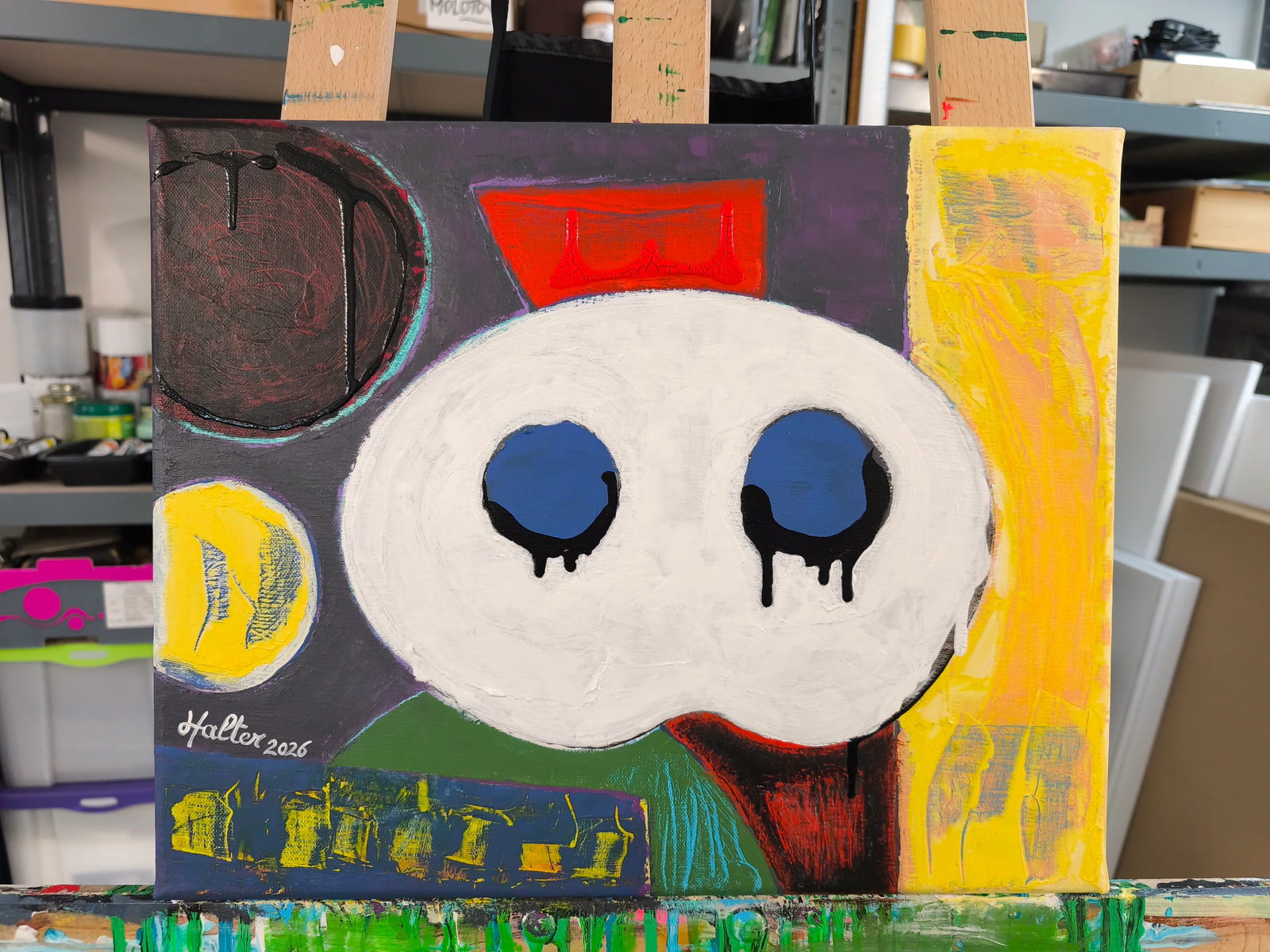 "Masque blanc aux larmes noires" en atelier