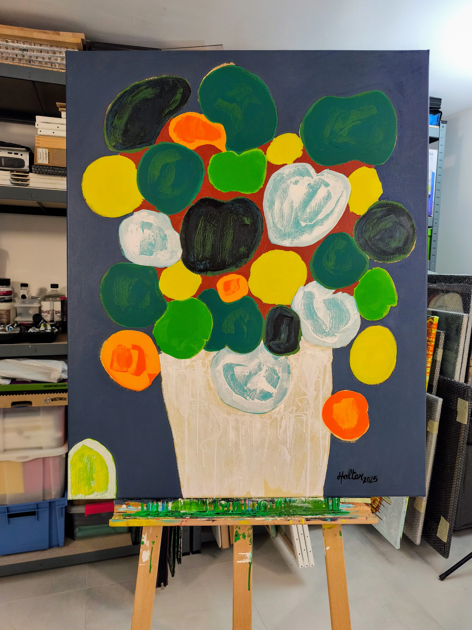 "Plante à monnaie de Chine, acrylique" en atelier