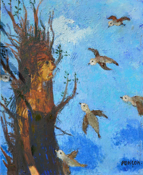 Dame aux oiseaux dans le bleu du ciel