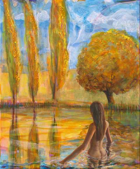 Sous la douceur du ciel, tu te baignes en automne. Ton corps est couleur de miel, c'est l'été qui résonne.